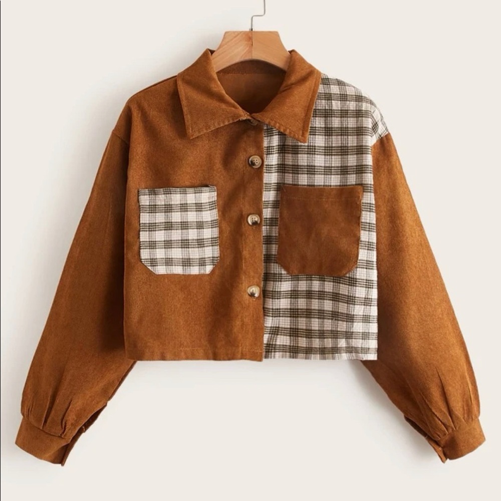 Contrast Plaid Pocket Crop Jacket